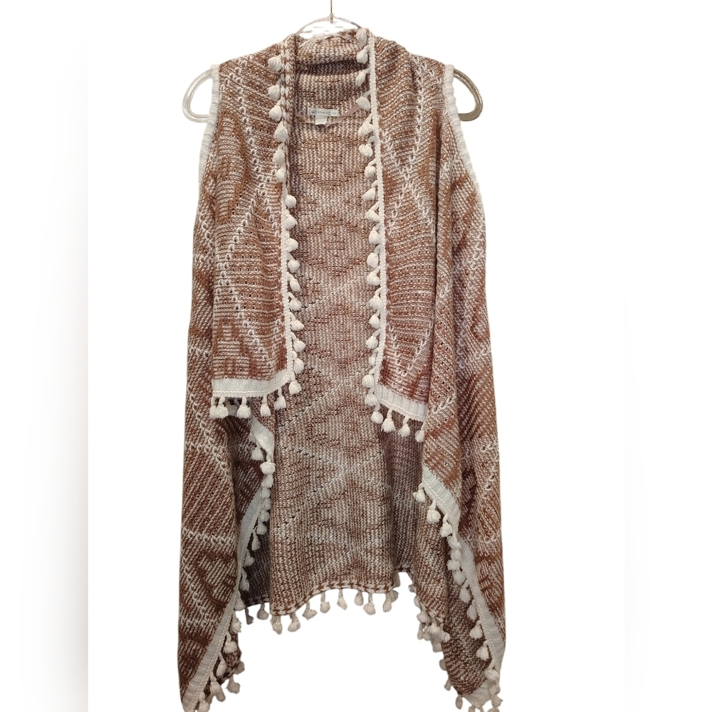 Cato open front Sleeveless knit hi-low pom pom rust and white long cardigan plus
